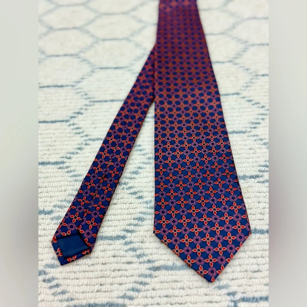 LANVIN Paris Men’s Silk Necktie Navy BlueRed Geometric Floral Pattern France